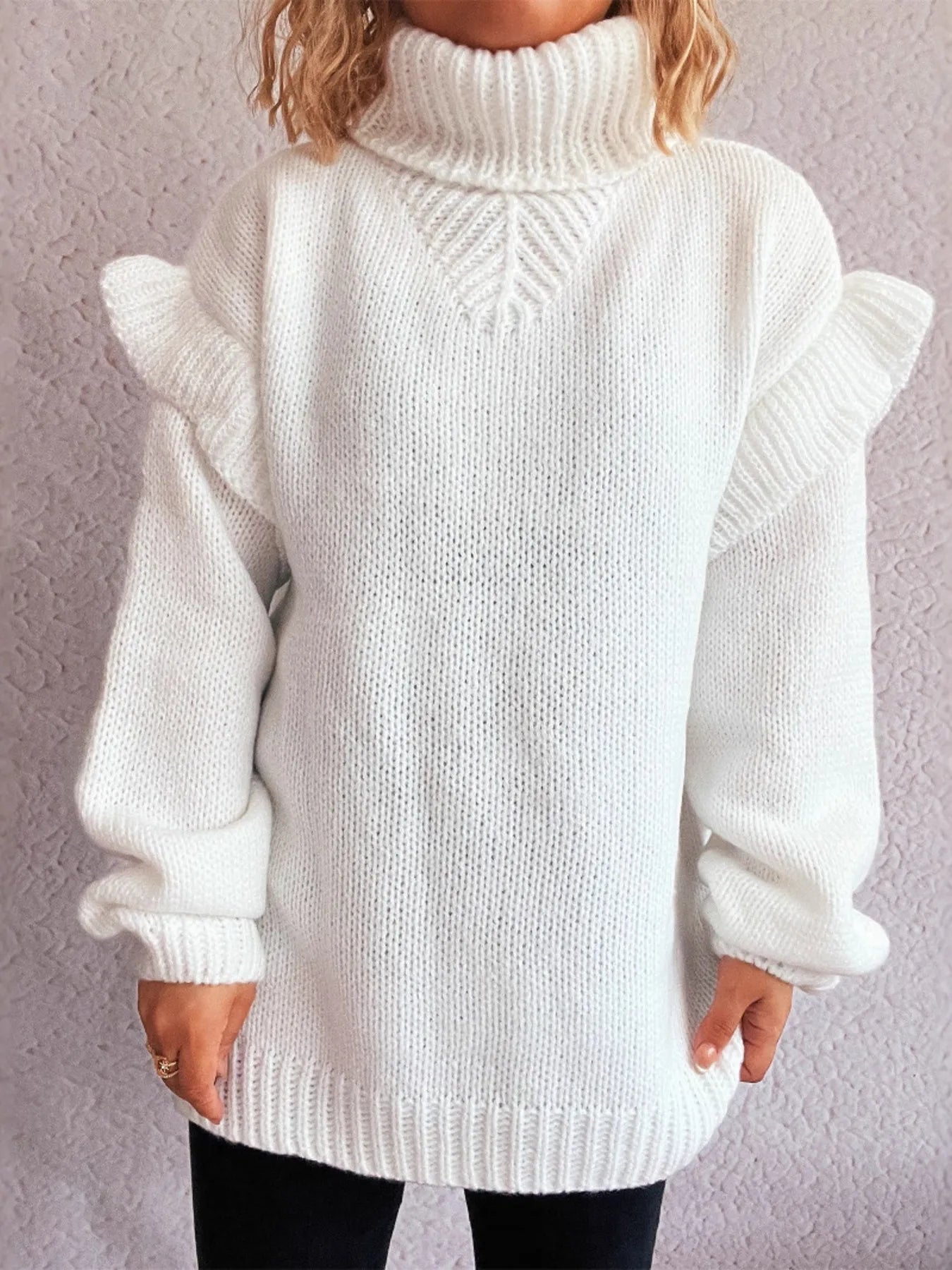 Ruffled Turtleneck Long Sleeve Sweater