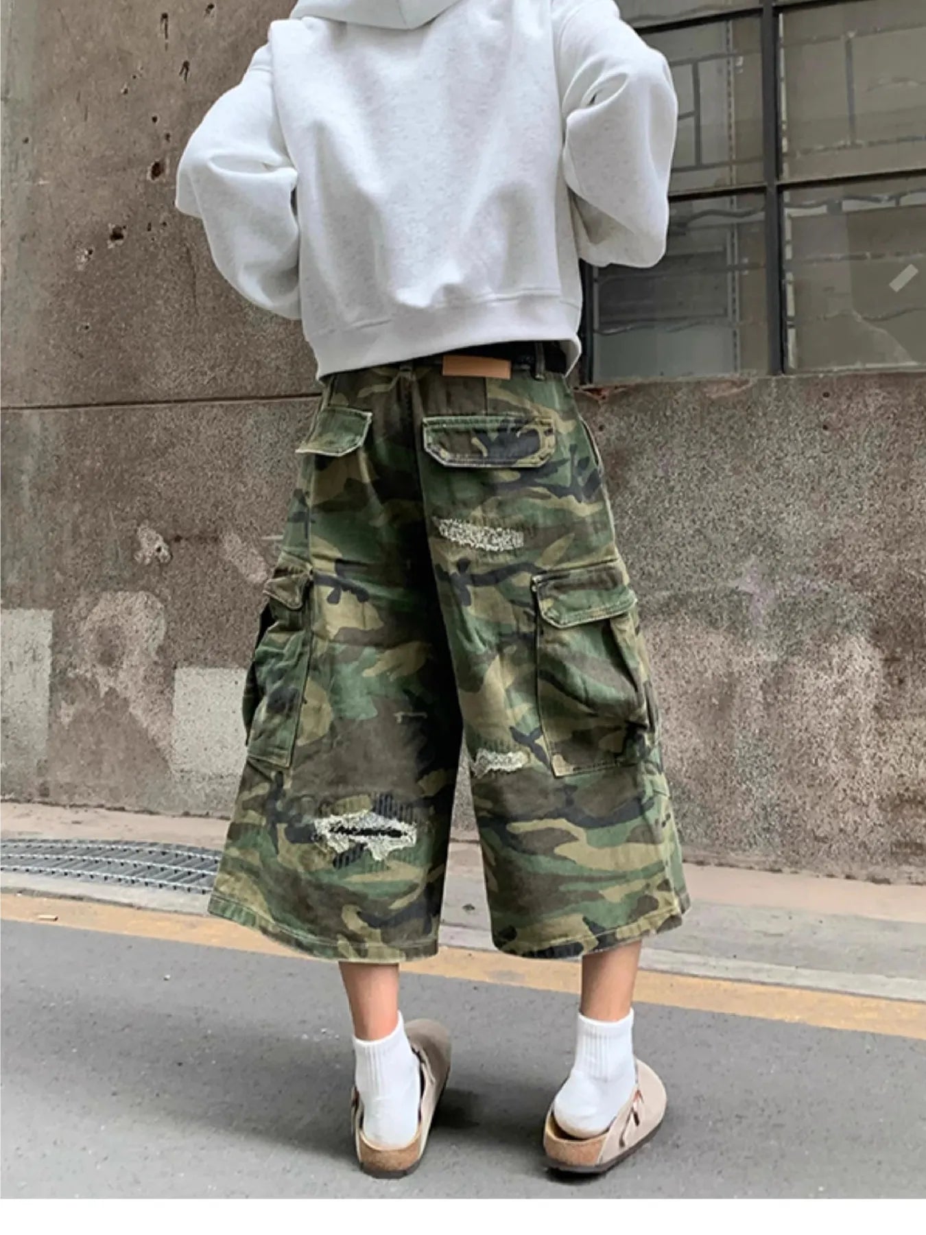 Men's Plus Size Distressed Camouflage Cargo Capri Jeans