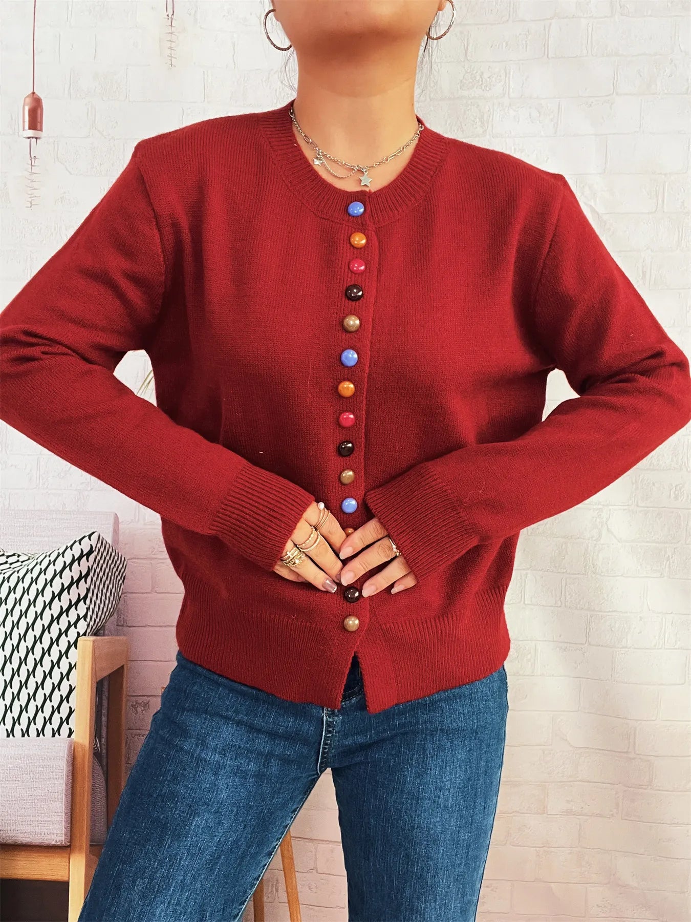 Button-Front Cardigan with Colorful Detail Buttons