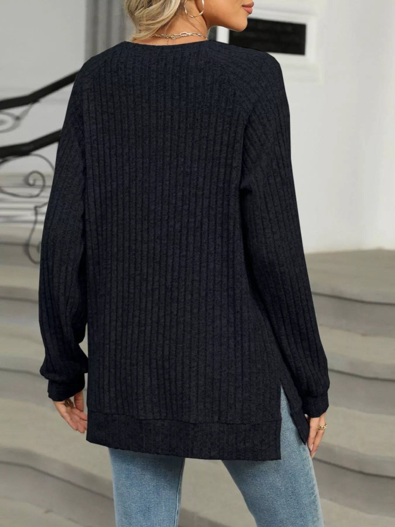 Round Neck Side Slit Ribbed Knit Top with Asymmetric Button Detail