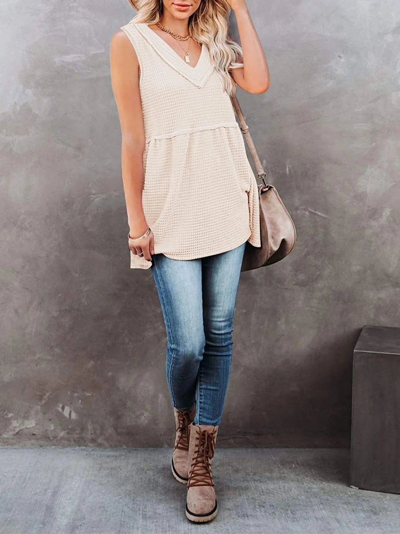 V-Neck Waffle Knit Tank Top with Contrast Stitching