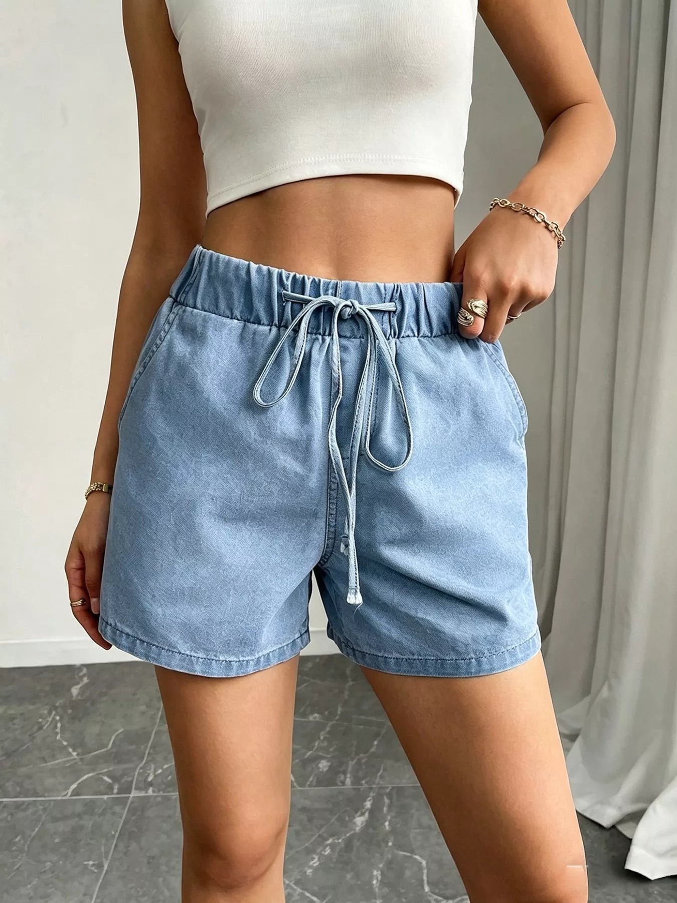 Drawstring High Waist Denim Shorts