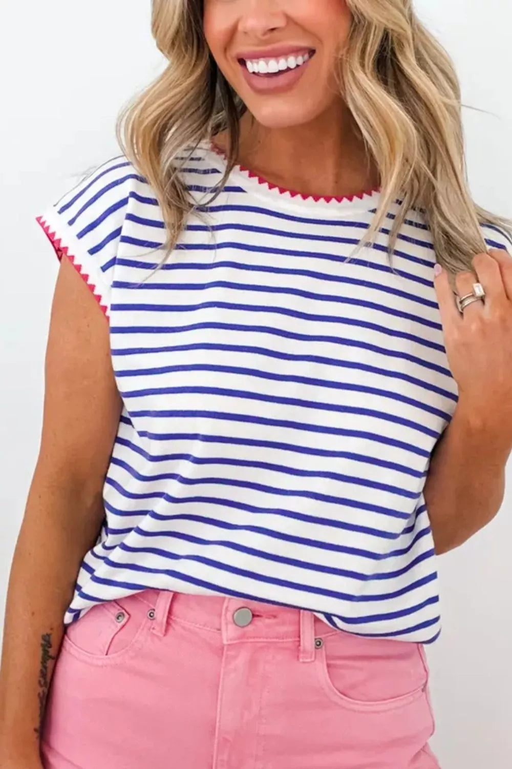 Stripe Contrast Trim Round Neck Cap Sleeve Tee