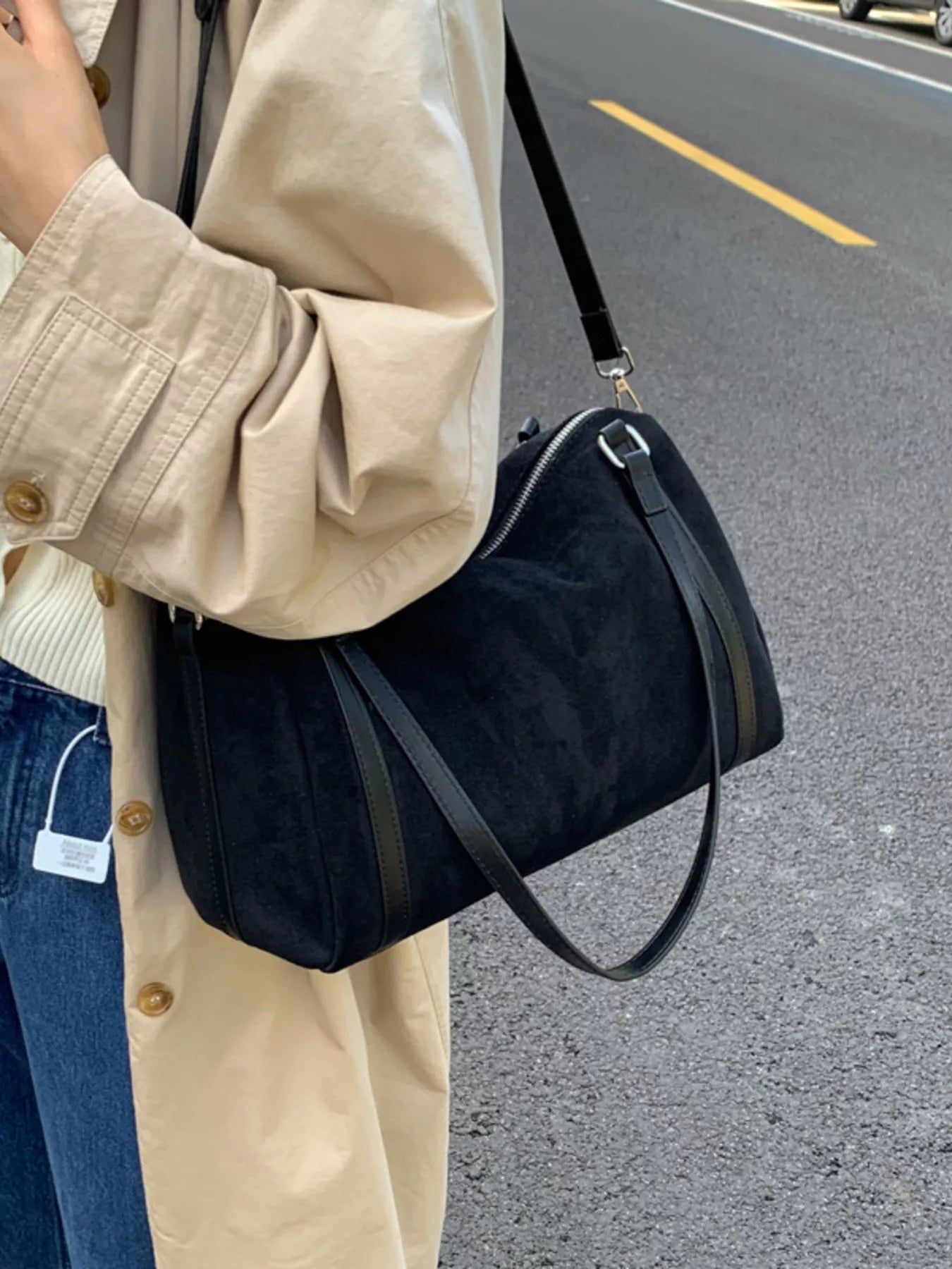 Suede Crossbody Bag with Zipper