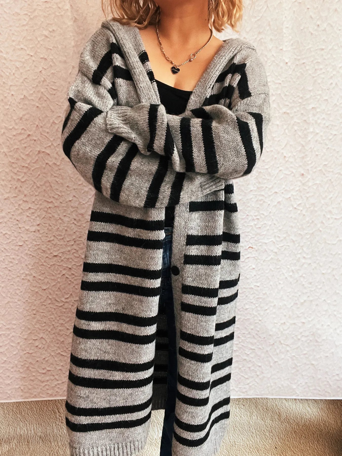 Striped Open Front Hooded Cardigan