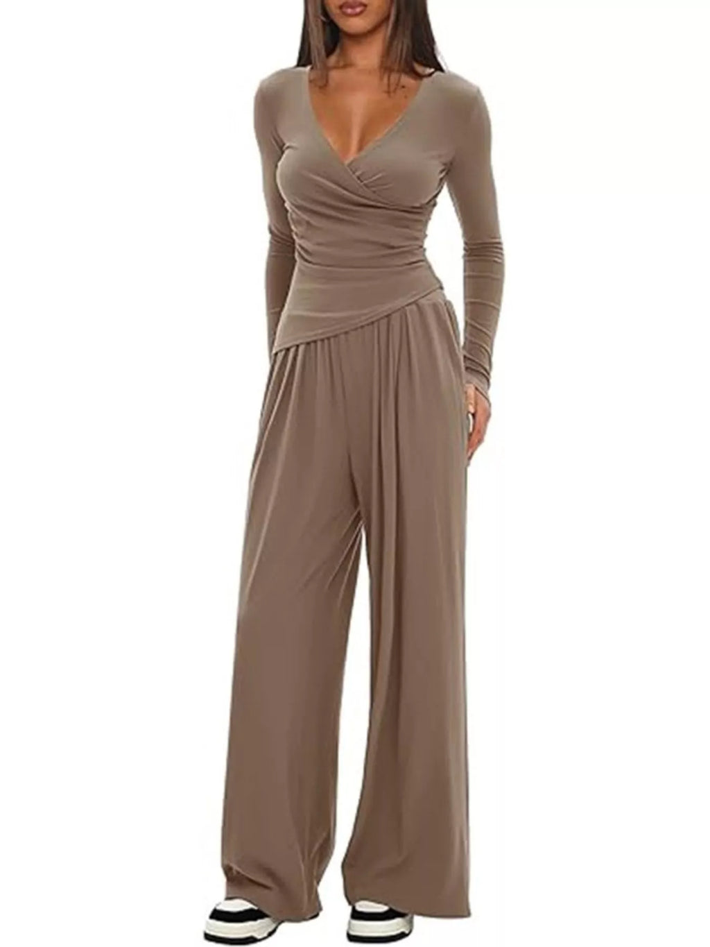 Casual Long Sleeve Top and Wide Leg Pants Set