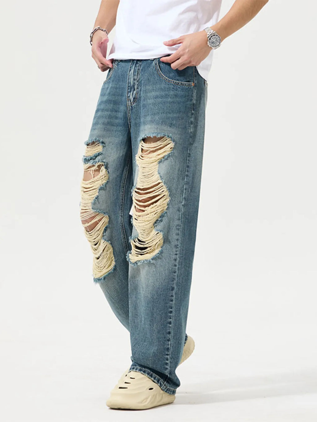 Men's Full Size Distressed Wide Leg Jeans Plus Size