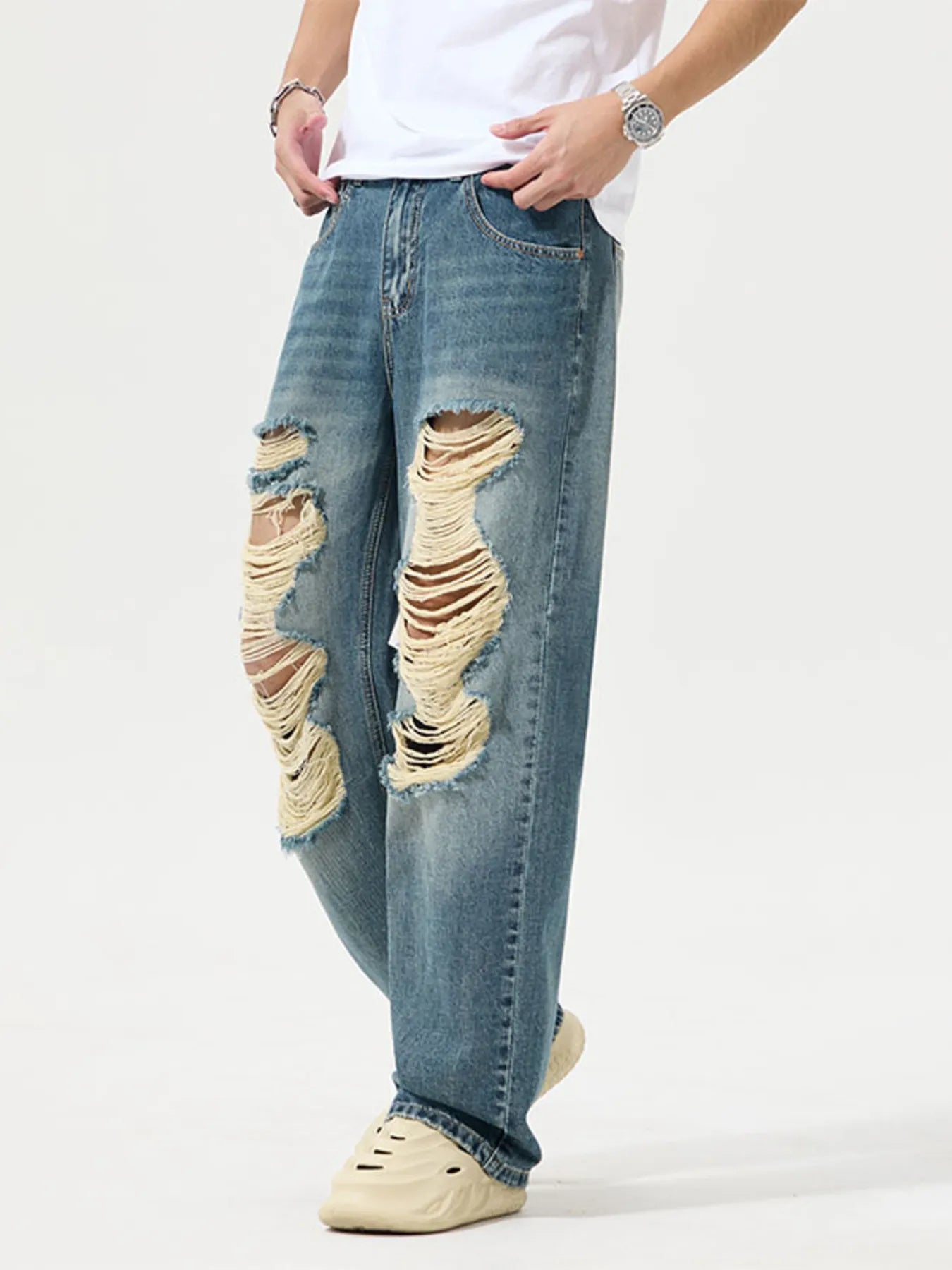 Men's Full Size Distressed Wide Leg Jeans Plus Size