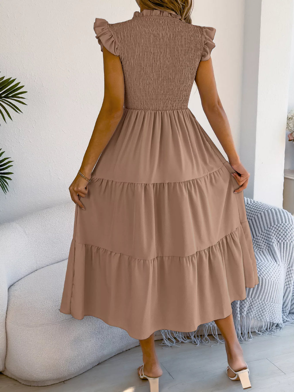 Smocked Ruffled Cap Sleeve Dress