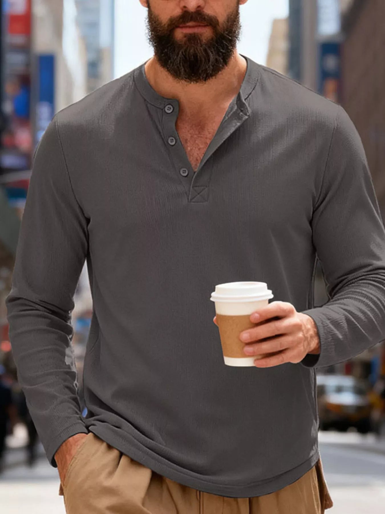 Men's Full Size Casual Henley Long Sleeve T-Shirt Plus Size