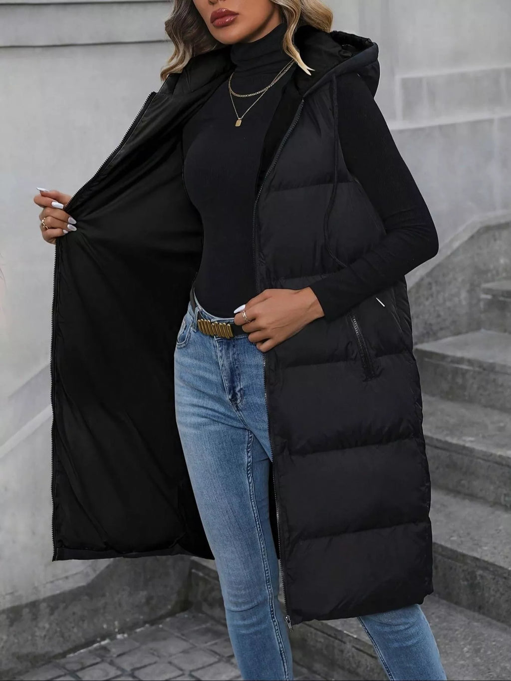 Longline Padded Hooded Vest Coat