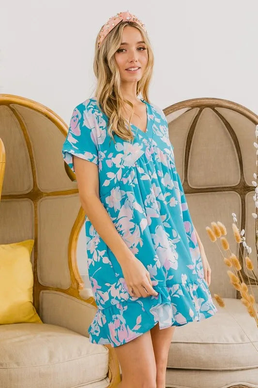 BiBi Floral Crinkle Shirred Ruffle Detail V Neck Dress
