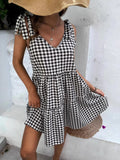 Gingham Tie-Shoulder Tiered Mini Dress