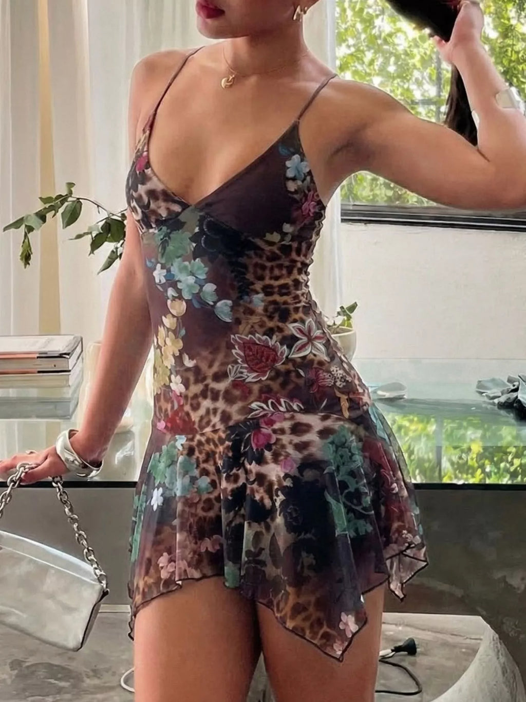 Sheer Floral Print Sleeveless Asymmetrical Mini Dress