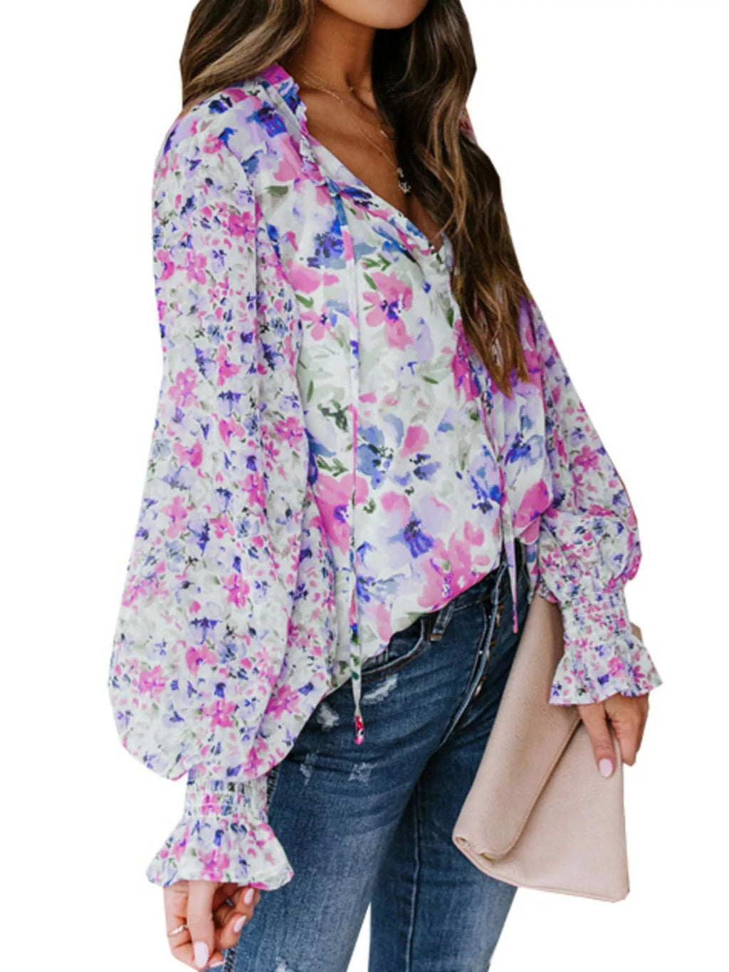 Full Size Floral Print Smocked Cuff Blouse Plus Size