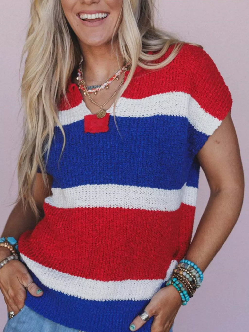 Striped Notched Short Sleeve Sweater