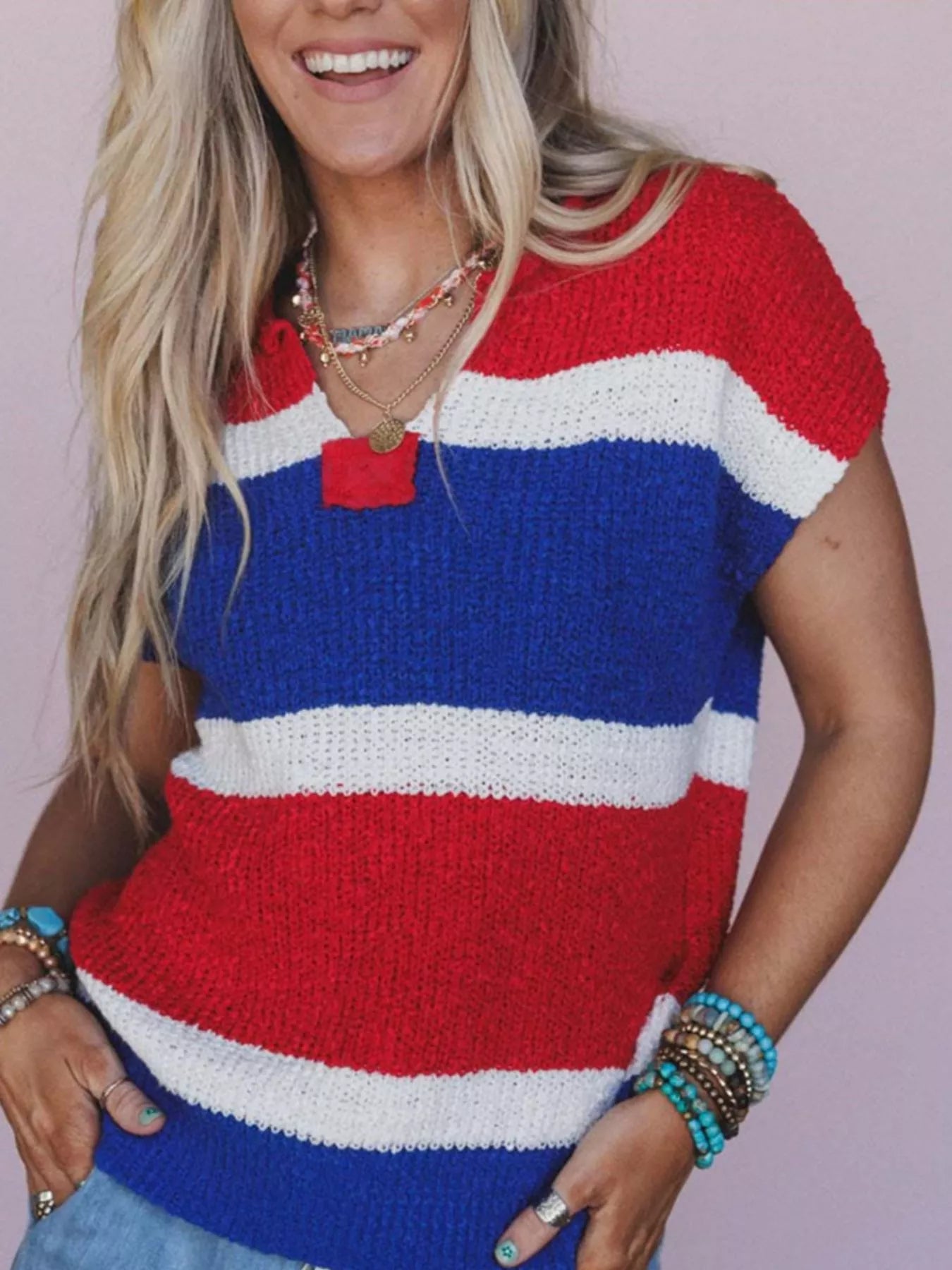 Striped Notched Short Sleeve Sweater