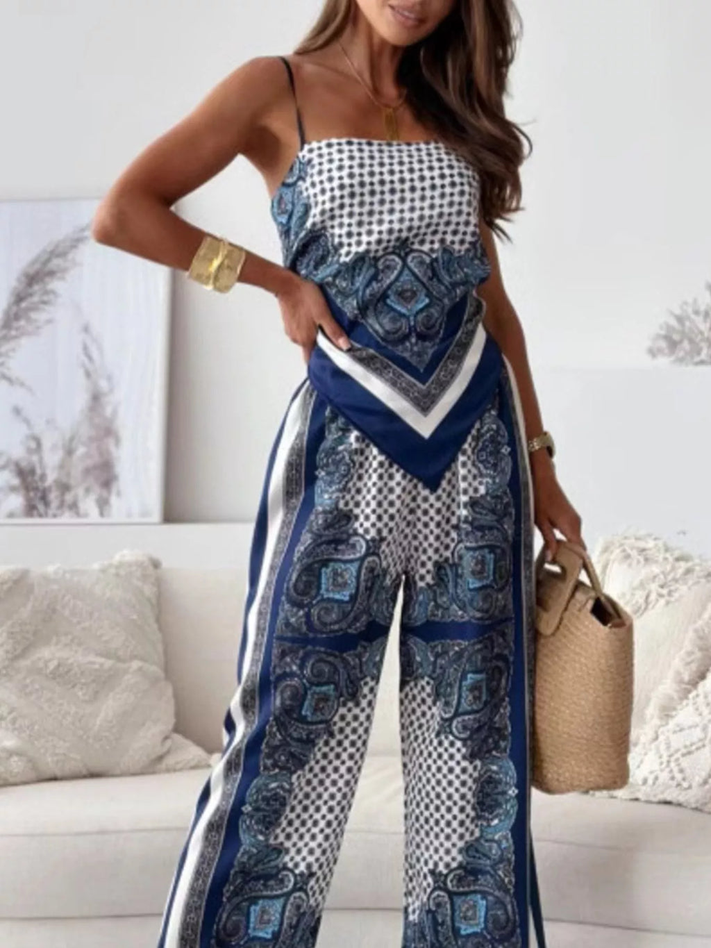 Printed Cami and Wide Leg Pants Set