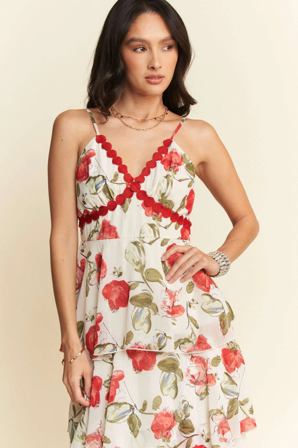 Davi & Dani Contrast Ring Lace Layered Ruffle Maxi Cami Dress