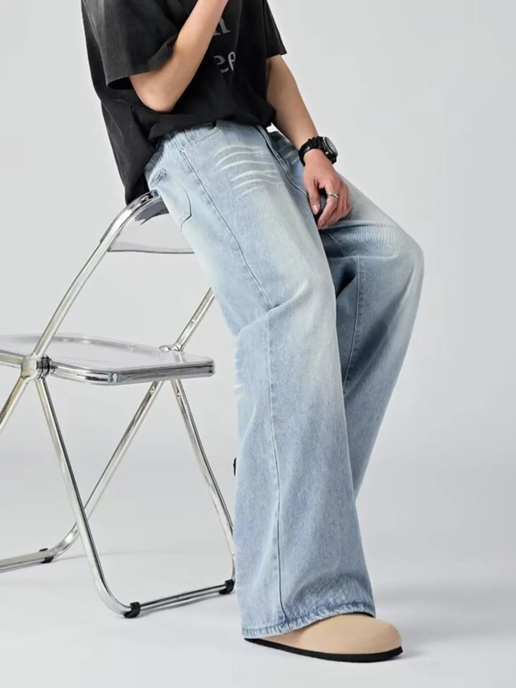 Men's Plus Size Wide Leg Wash Jeans