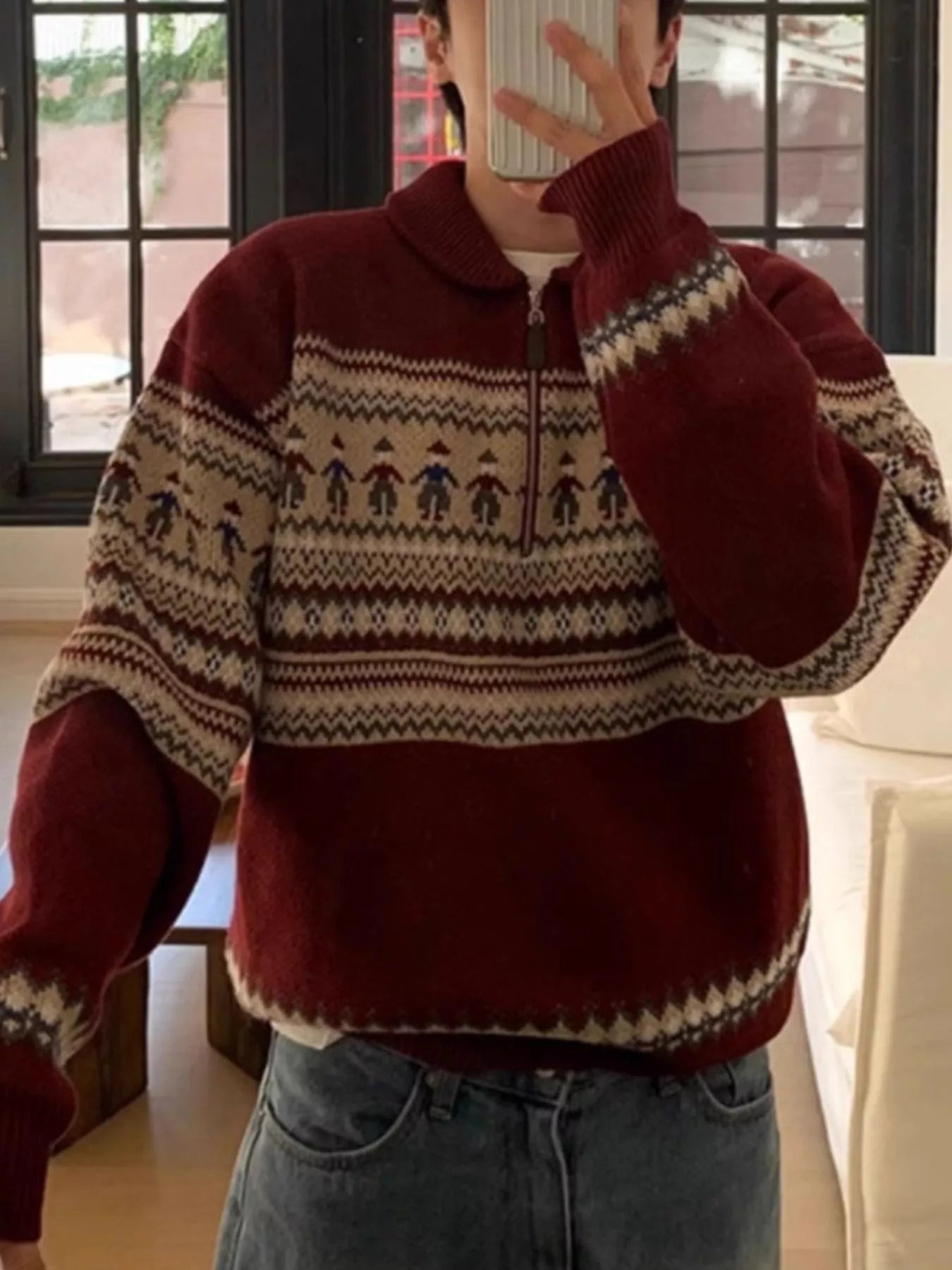 Men's Retro Pattern Zip Front Knitted Sweater