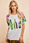 BiBi Sequin Mardi Gras Bottles Spangled Sleeve Top