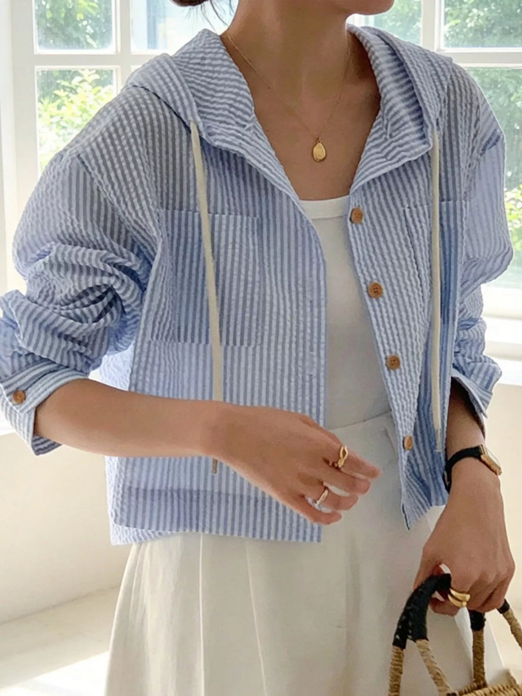 Striped Hooded Shirt with Drawstring Detail