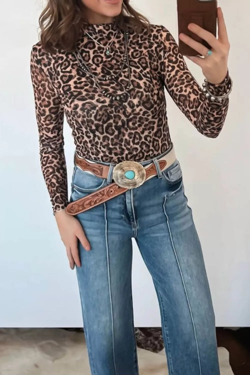 Leopard High Neck Long Sleeve Western Slim Top