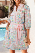 Floral Print Color Block Trim Half Button Belted Mini Dress