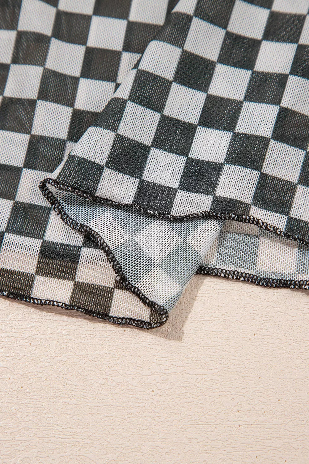 Plaid Stand Neck Long Sleeve Mesh Top