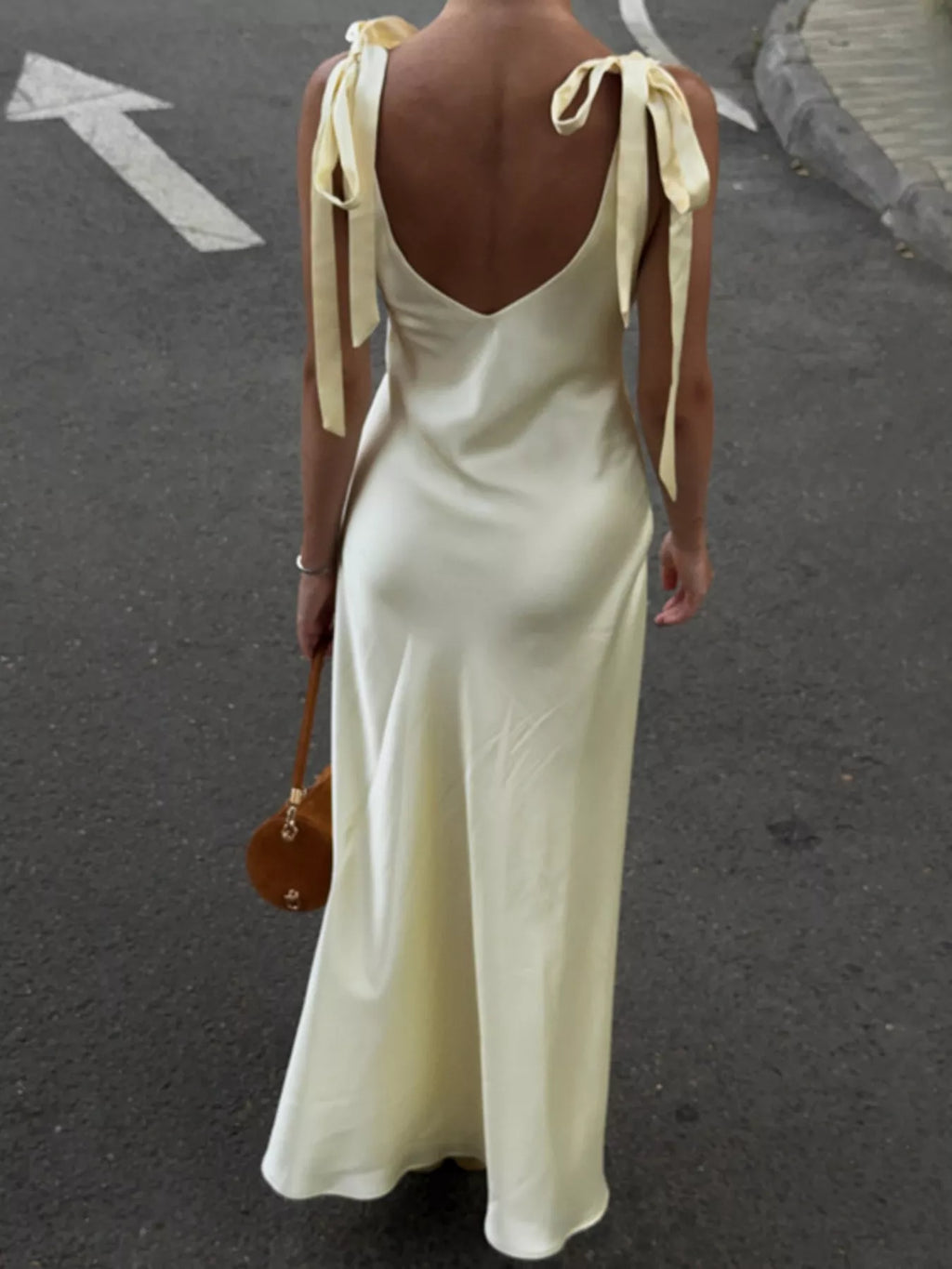 Satin Tie Shoulder Deep V-Neck Dress