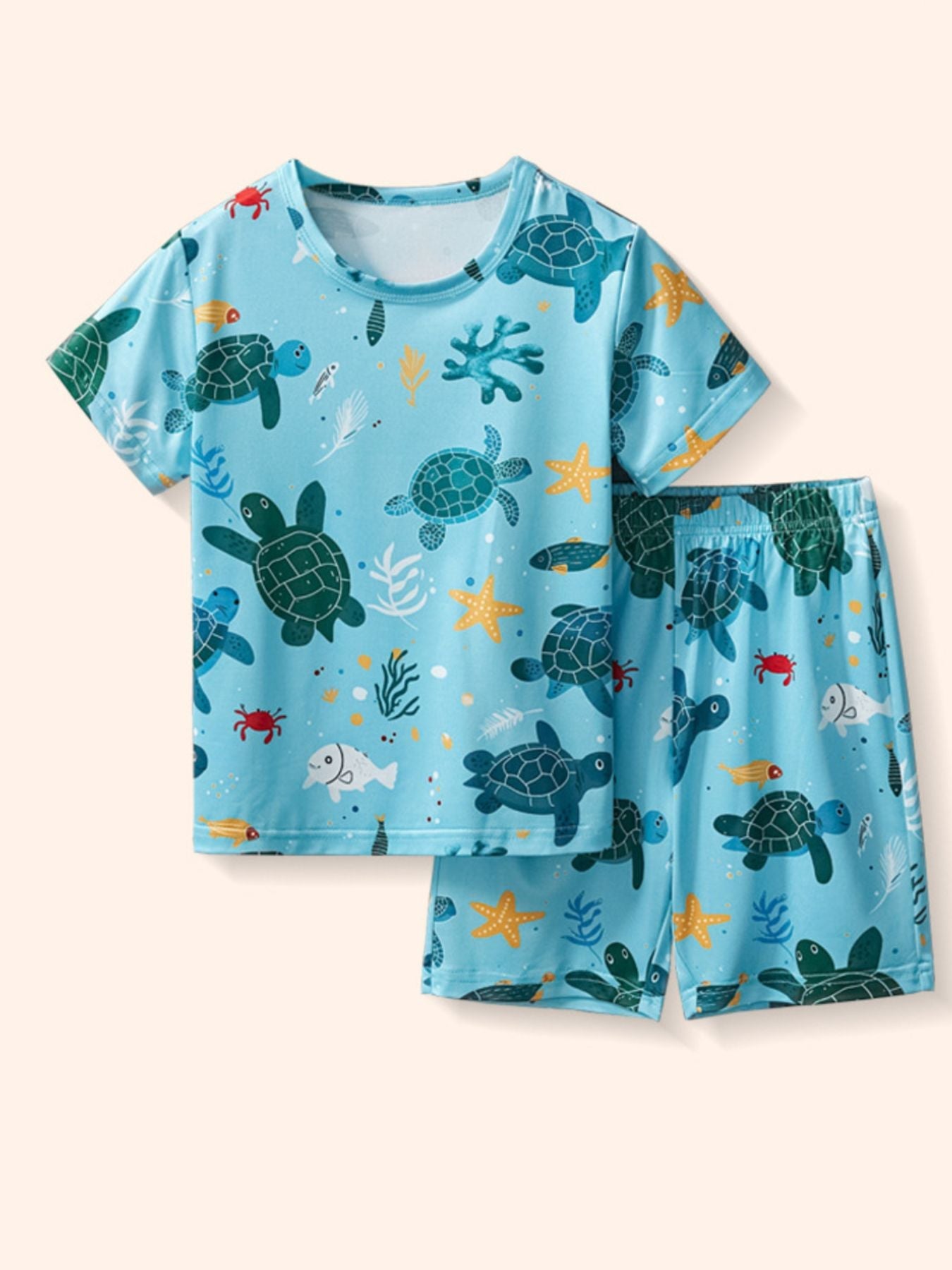 Children's Turtle Print Round Neck Tee and Shorts Set