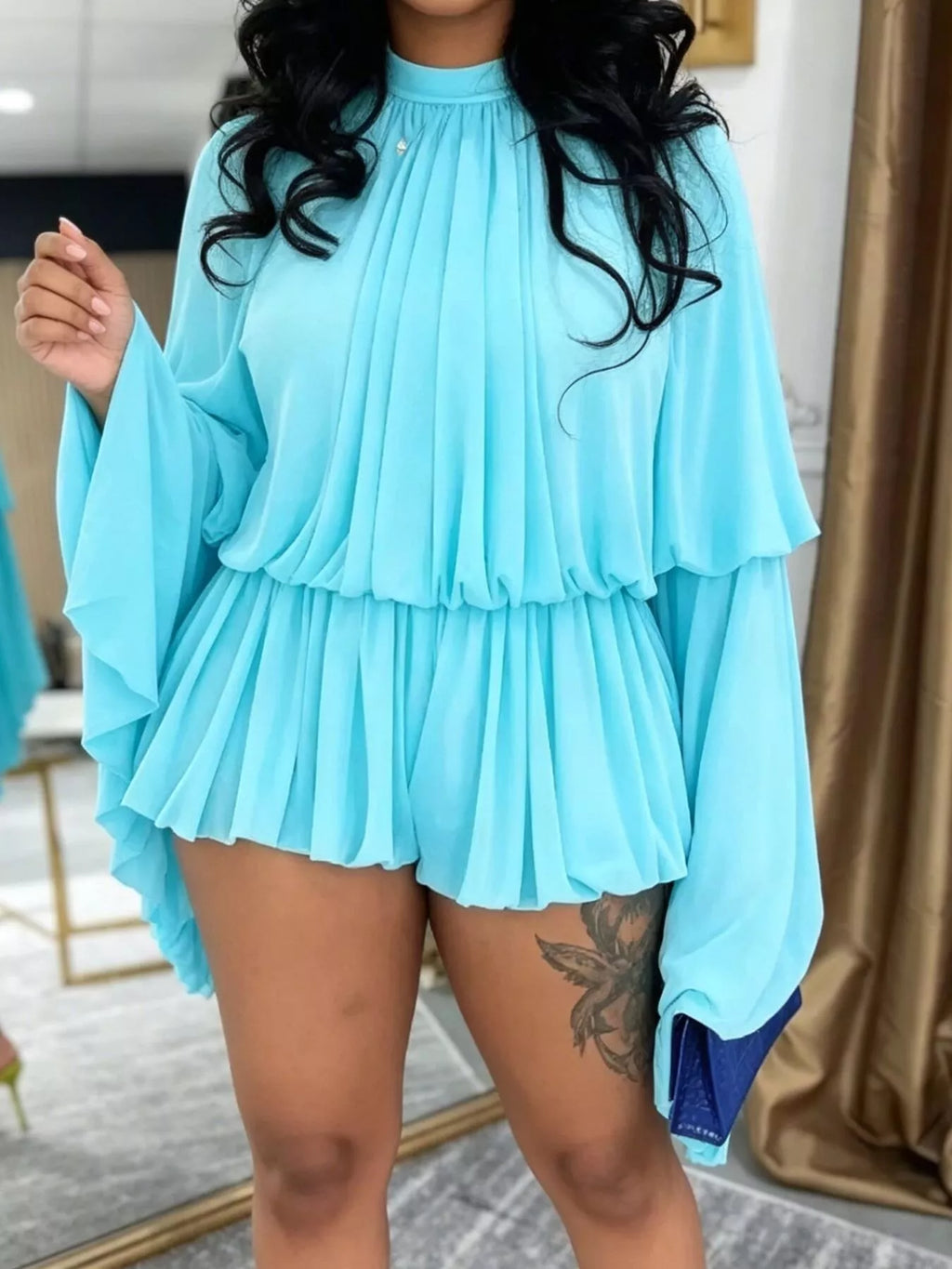 Pleated Long Sleeve Top and Skirt Set