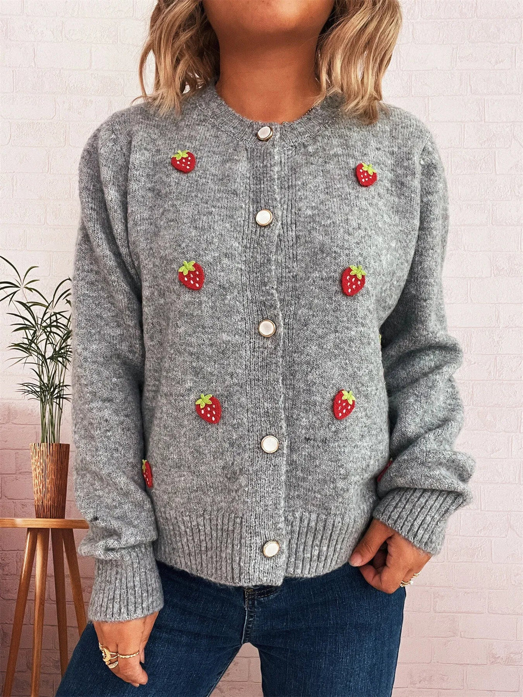 Strawberry Button Up Long Sleeve Cardigan
