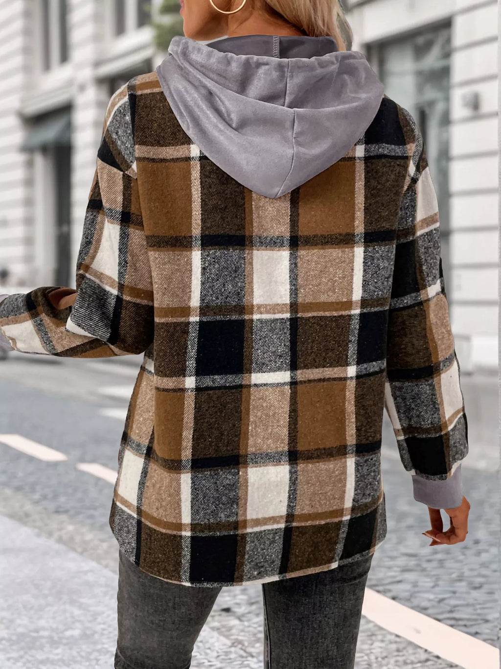 Plaid Drawstring Long Sleeve Hoodie