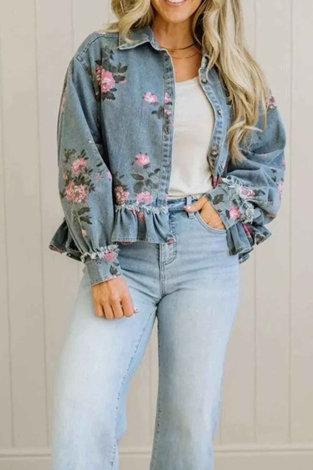 Floral Print Denim Jacket with Ruffled Hem