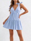 Gingham Tie-Shoulder Ruffle Hem Mini Dress