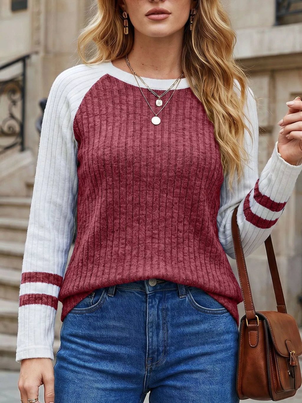 Ribbed Raglan Sleeve T-Shirt
