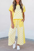 Color Block Patchwork Polka Dot Top and Wide Leg Pant Set