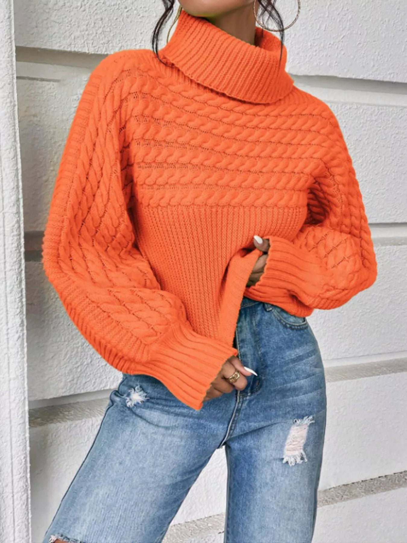 Textured Knit Turtleneck Long Sleeve Sweater