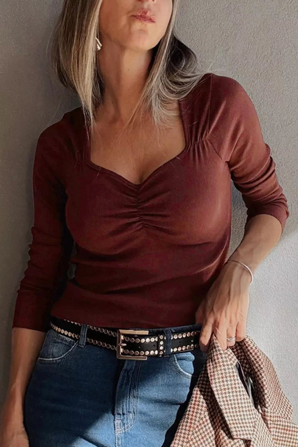 Gathered Bust Square Neck Ribbed Fit Long Sleeve Top
