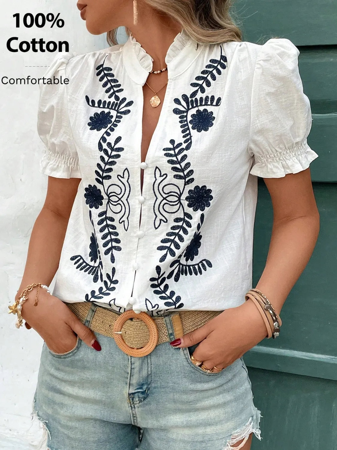 Embroidered Frill Notched Short Sleeve Blouse