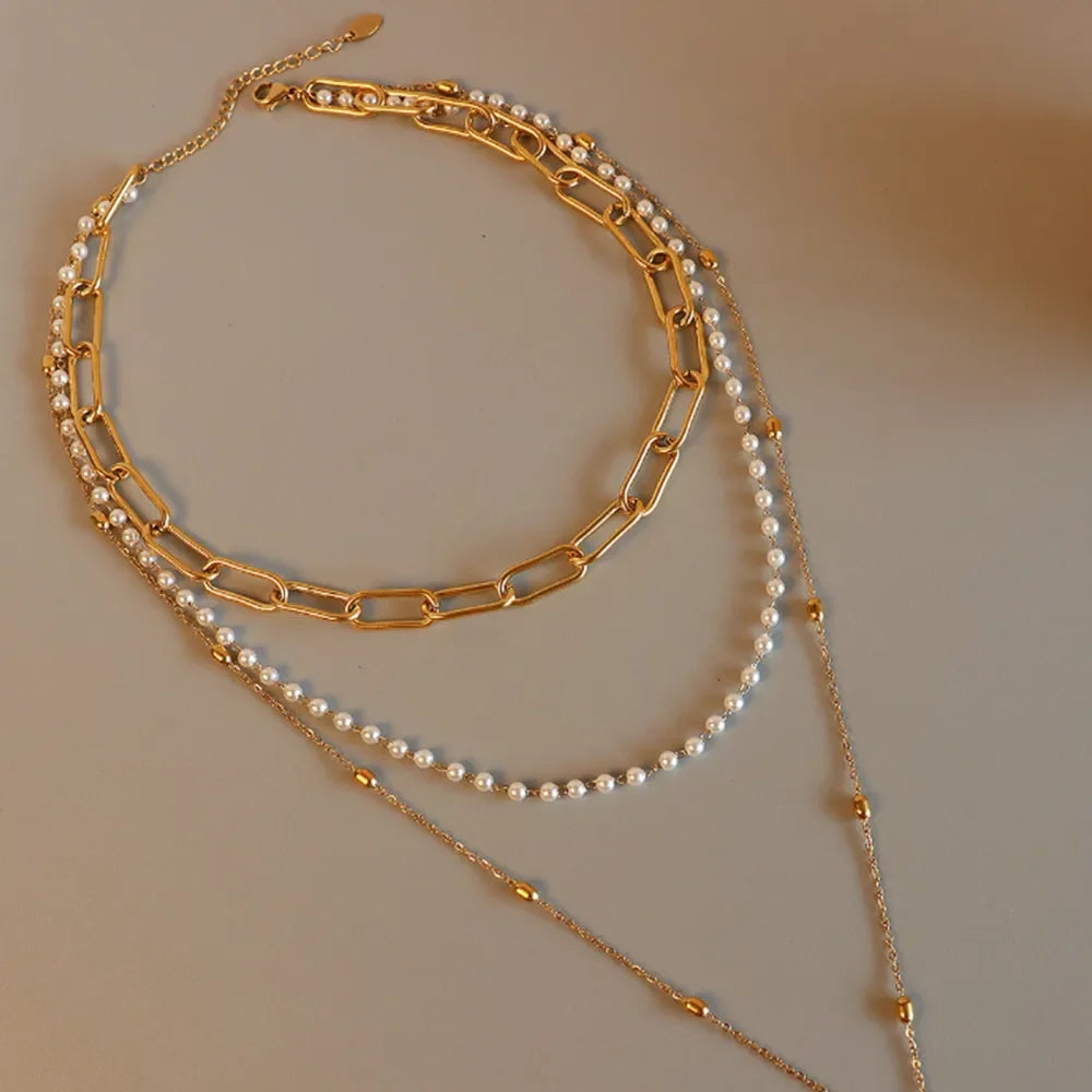 Synthetic Pearl Titanium Steel Three-Layered Necklace