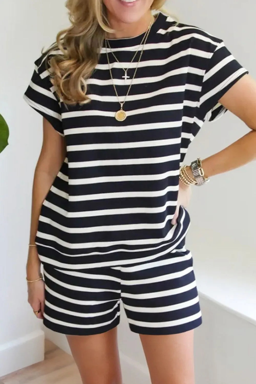 Striped Short Sleeve Top and Shorts Set