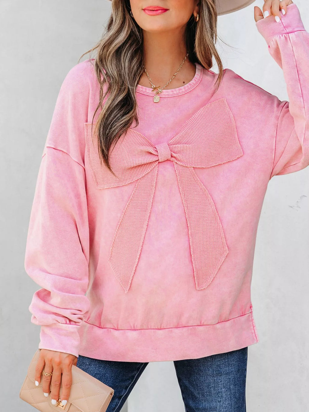 Mineral Wash Bow Patchwork Sweatshirt