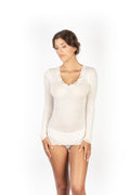 EGi Luxury Wool Silk Long Sleeve Top with Lace Trim. Proudly Made in Italy (1489)