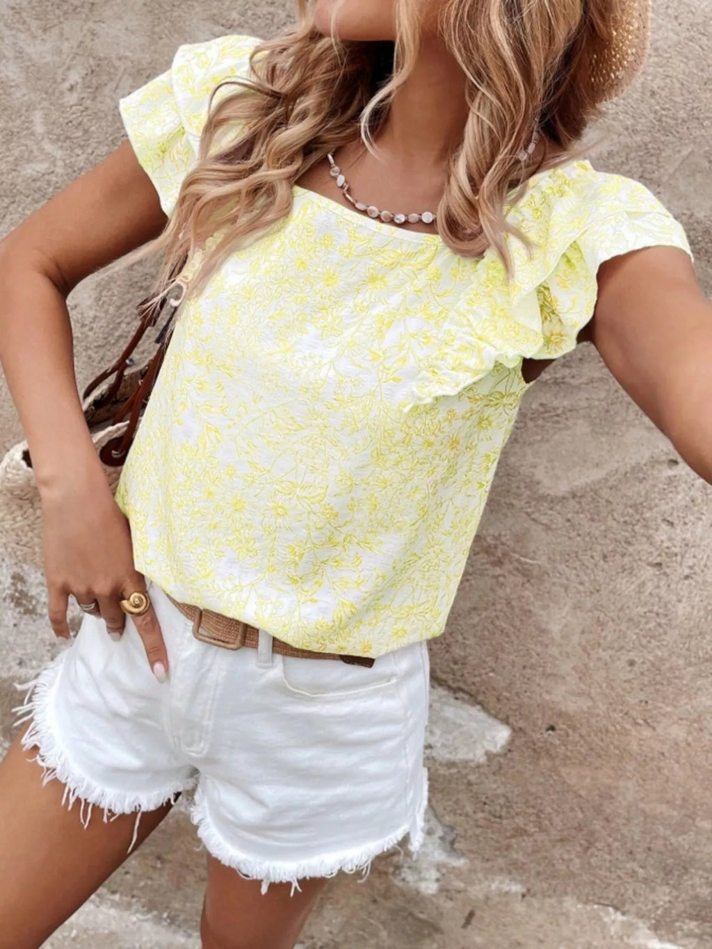 Floral Print Ruffle Trim Blouse