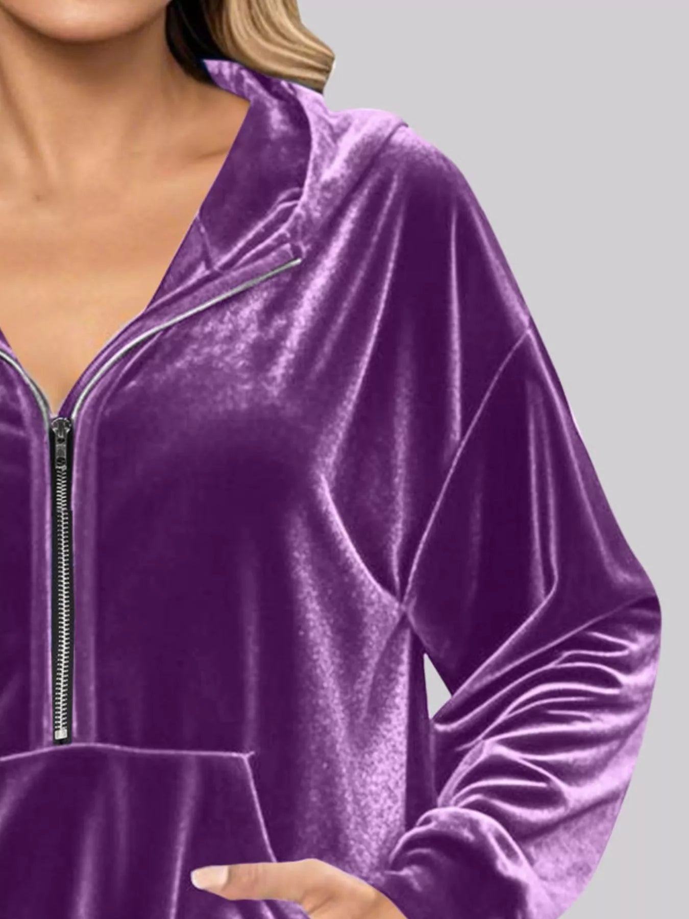 Full Size Velvet Half Zip Hoodie with Kangaroo Pocket Plus Size