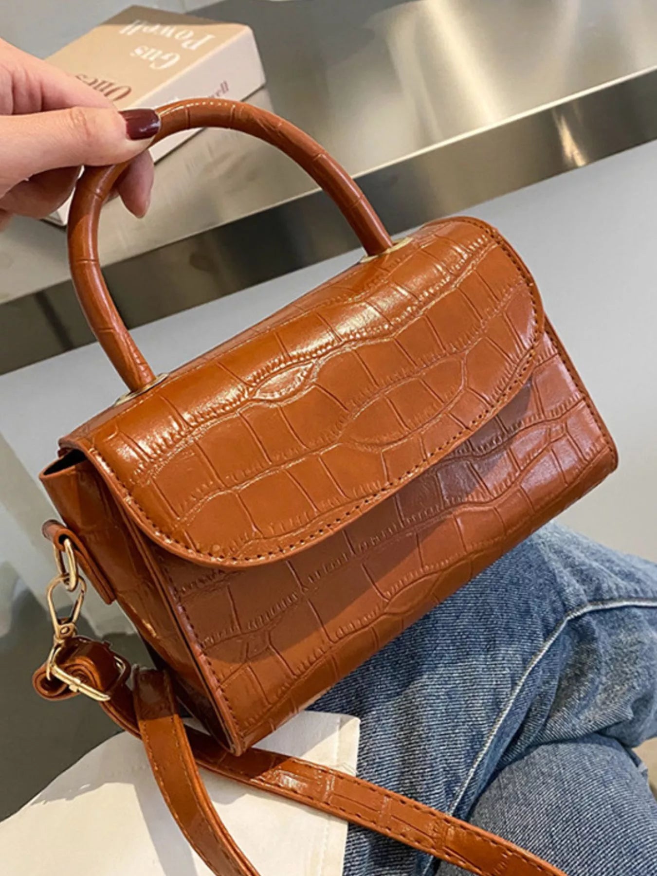 Crocodile Pattern Top Handle Crossbody Bag