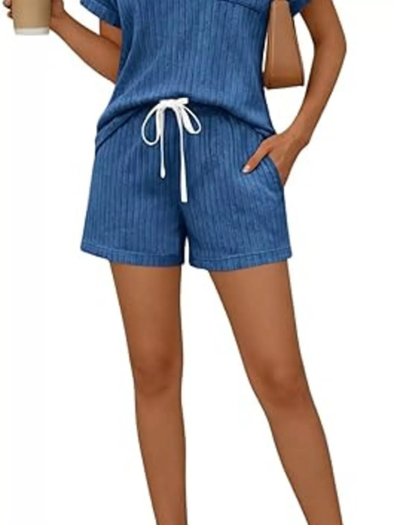 Casual Ribbed Knit Tee and Shorts Set